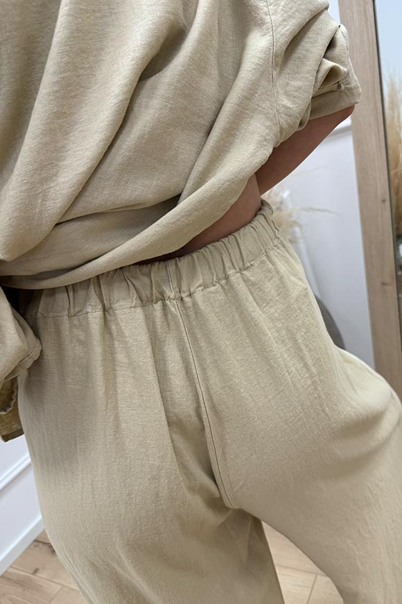 Haveone - Pantaloni sabbia doppia pinces in misto lino