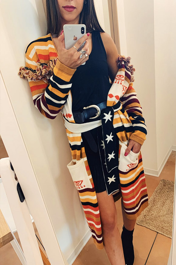 Vicolo - Long orange and yellow striped poncho with fringe