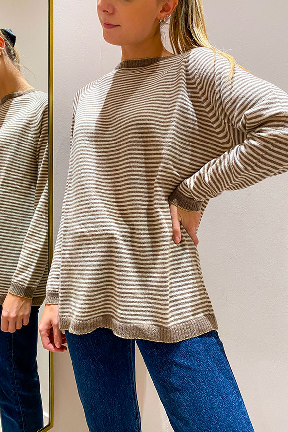 Vicolo - Micro-striped turtledove / butter sweater with lurex edge in cashmere
