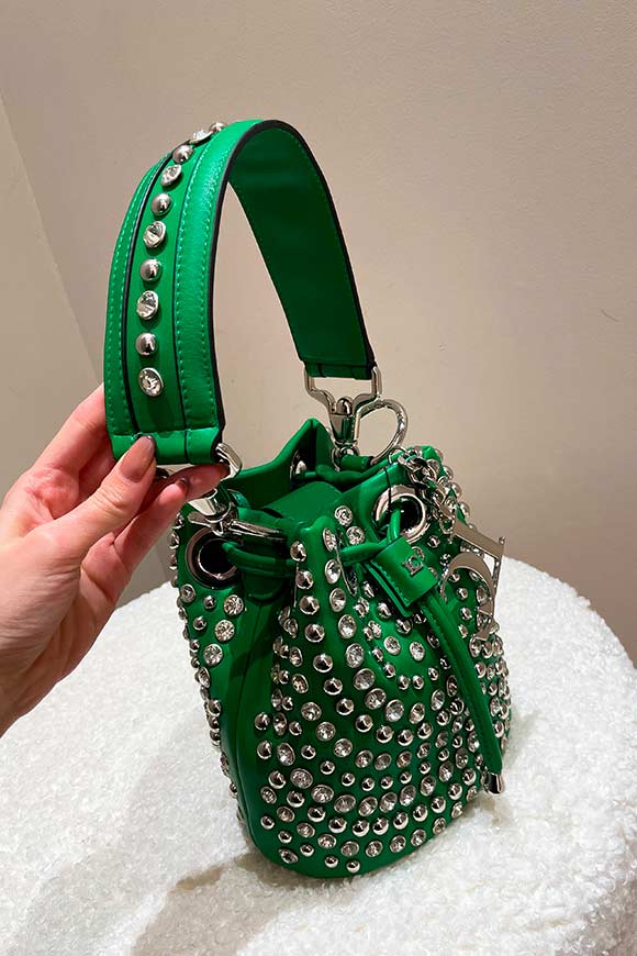 La Carrie - Green bucket bag with silver rhinestones