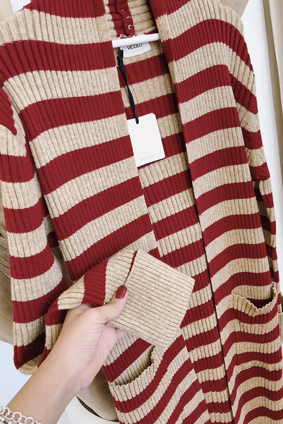 Vicolo - Cardigan lungo a righe rosso e beige in maglia