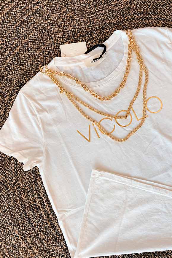 Vicolo - T shirt bianca stampa logo oro e catena