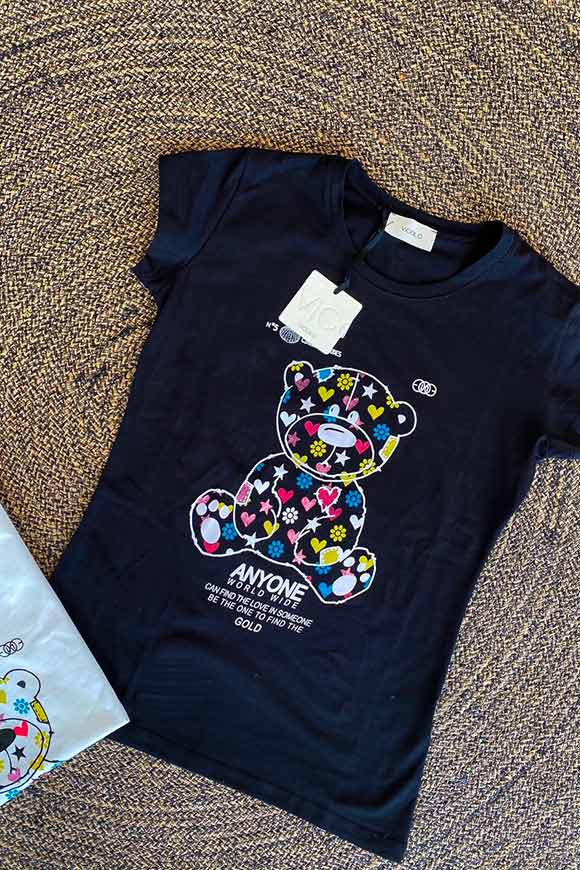 Vicolo - T shirt nera con orsetto multicolor