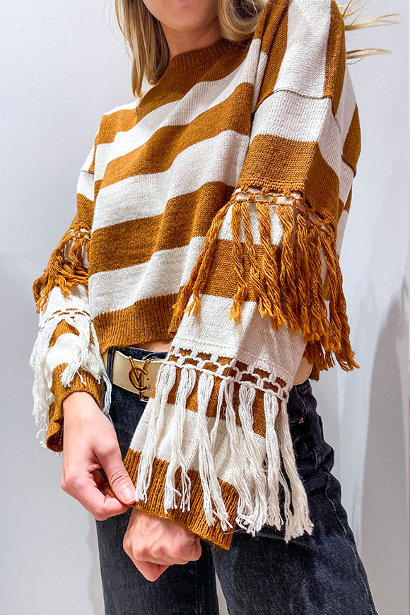 Vicolo - Short striped tobacco and vanilla sweater