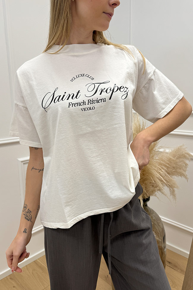 Vicolo - T shirt bianca basic con scritta "Saint Tropez"