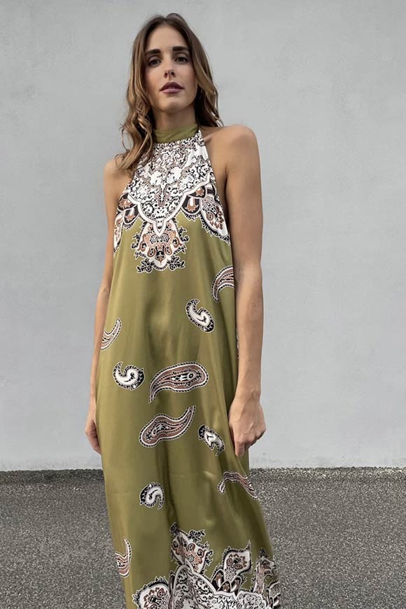 Vicolo - Long olive green dress with Paisley pattern