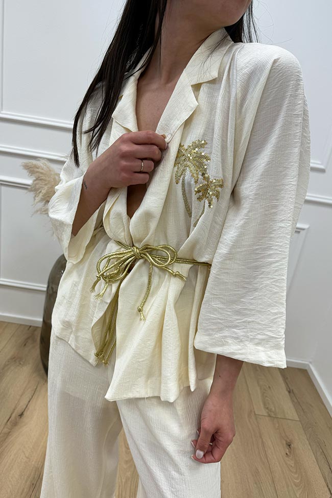 Haveone - Giacca kimono burro con cintura laminata oro