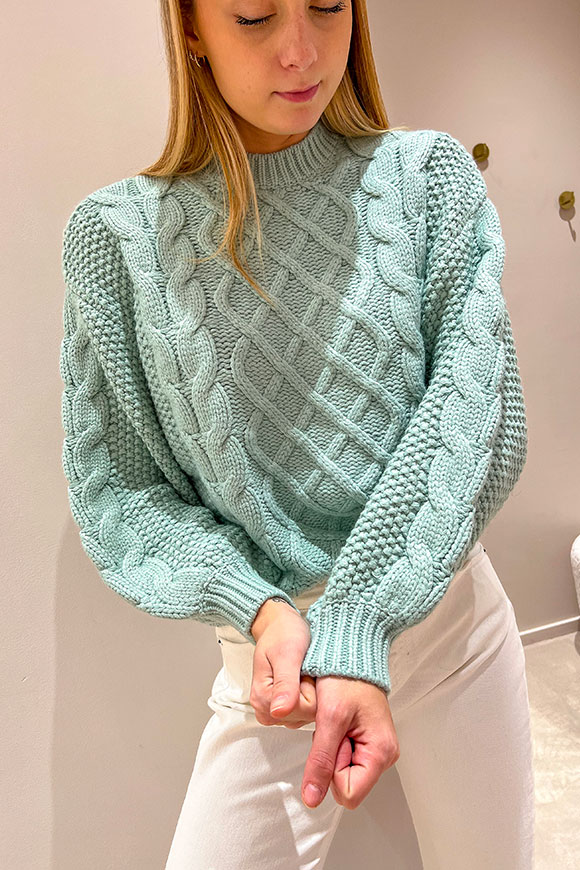 Vicolo - Mint sweater with lozenges and braids with balloon sleeves