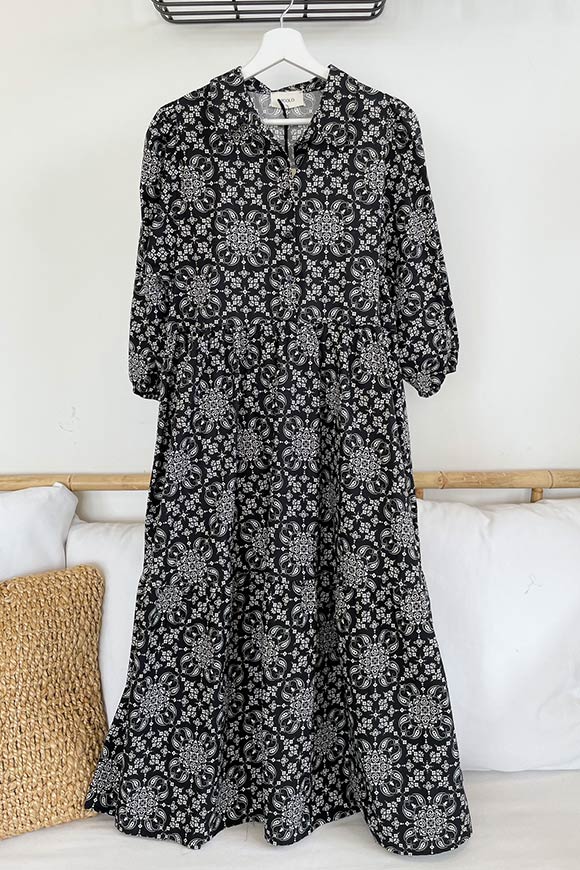 Vicolo - Vestito chemisier nero floreale in cotone a balze