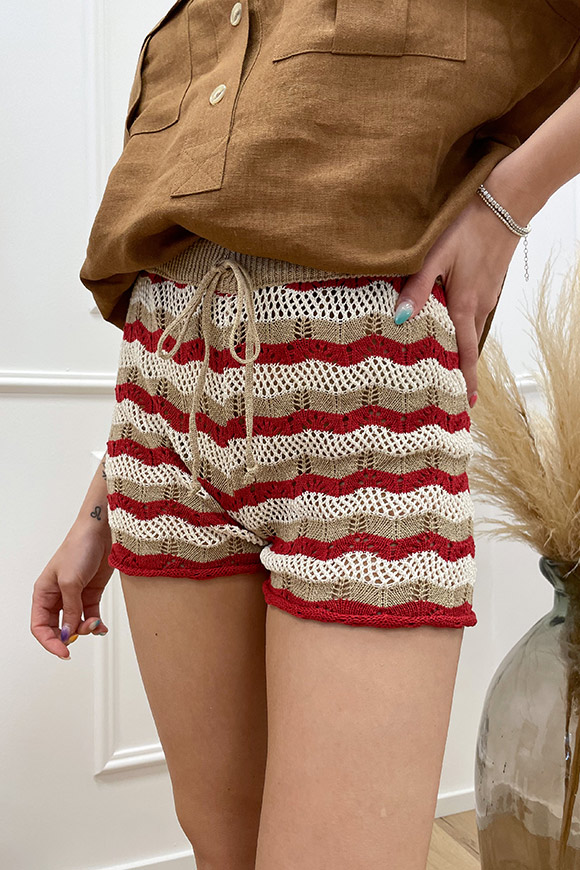 Vicolo - Pantaloncino crochet rosso, sabbia e panna