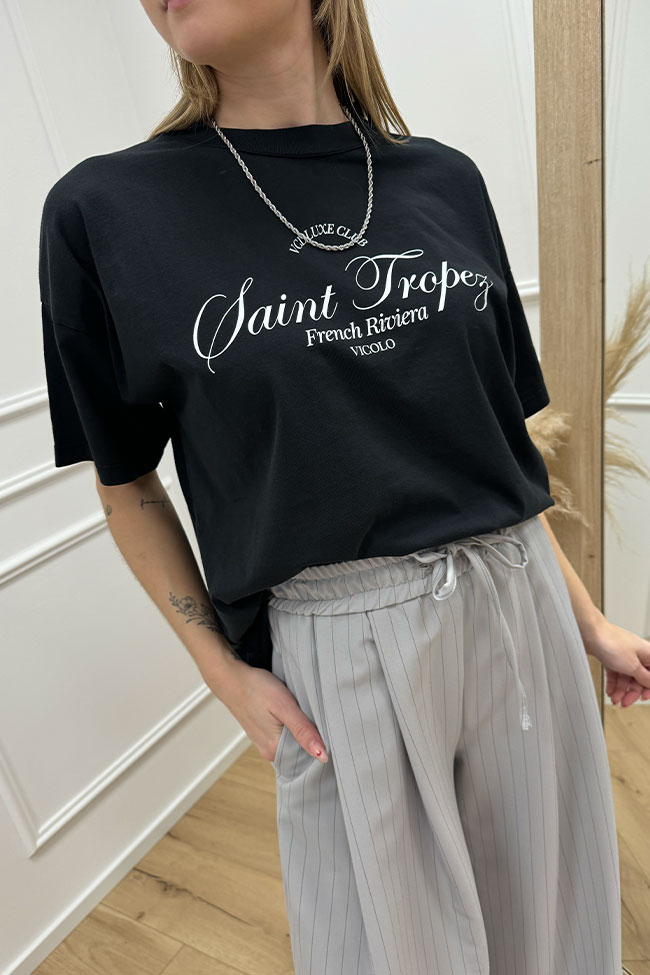 Vicolo - T shirt nera basic con scritta "Saint Tropez"