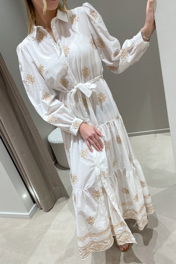 Vicolo - Vestito chemisier bianco ricami bronzo