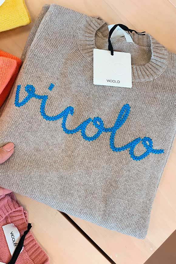 Vicolo - Beige sweater with light blue embroidery