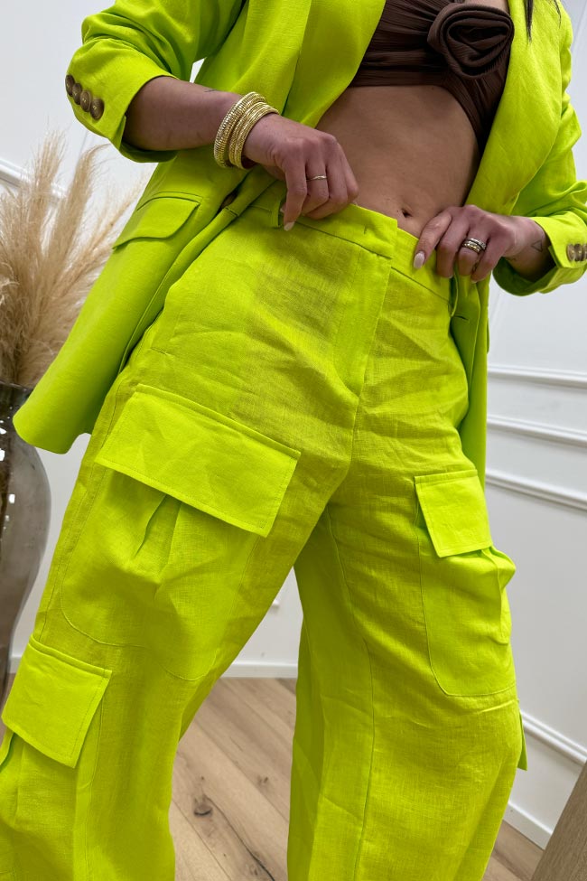 Silence Limited - Pantaloni cargo lime in lino