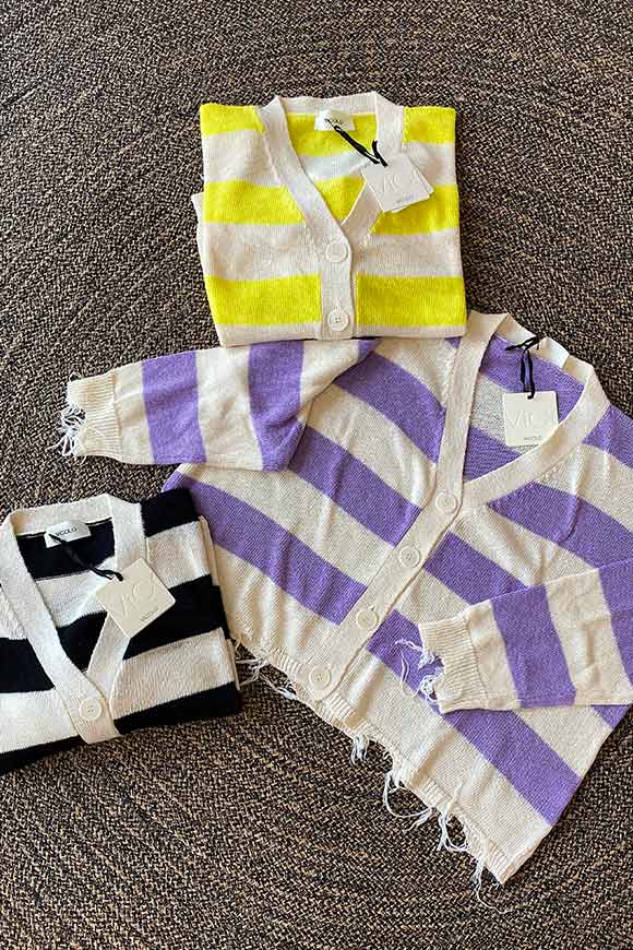 Vicolo - Fringed cardigan with lilac and butter stripes