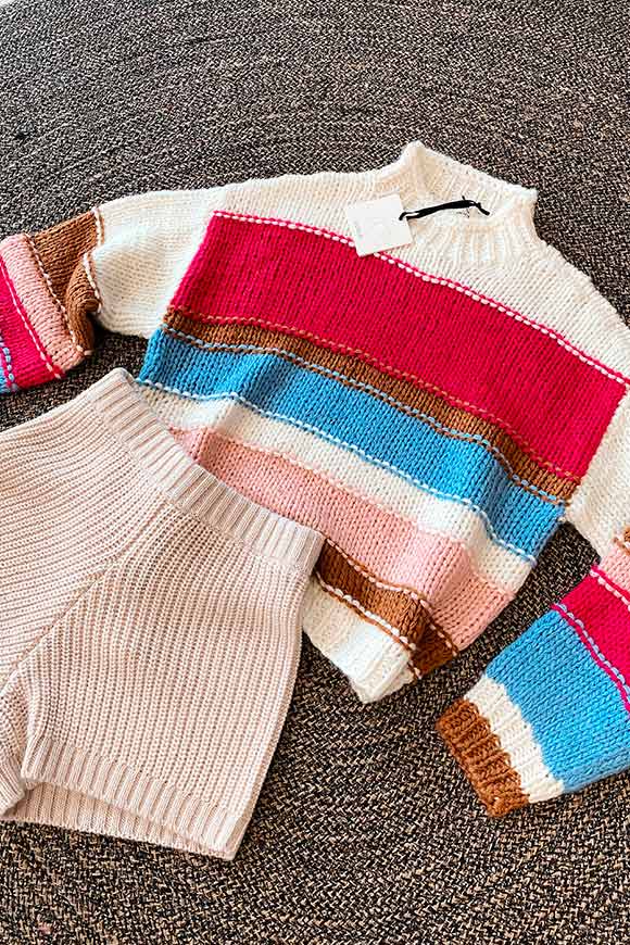 Vicolo - Maglione tricot a righe carta,rosa,cammello,e magenta