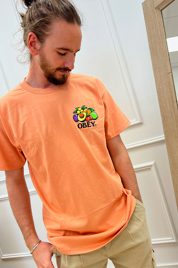 Obey - T shirt salmone stampa cesto di frutta multicolor