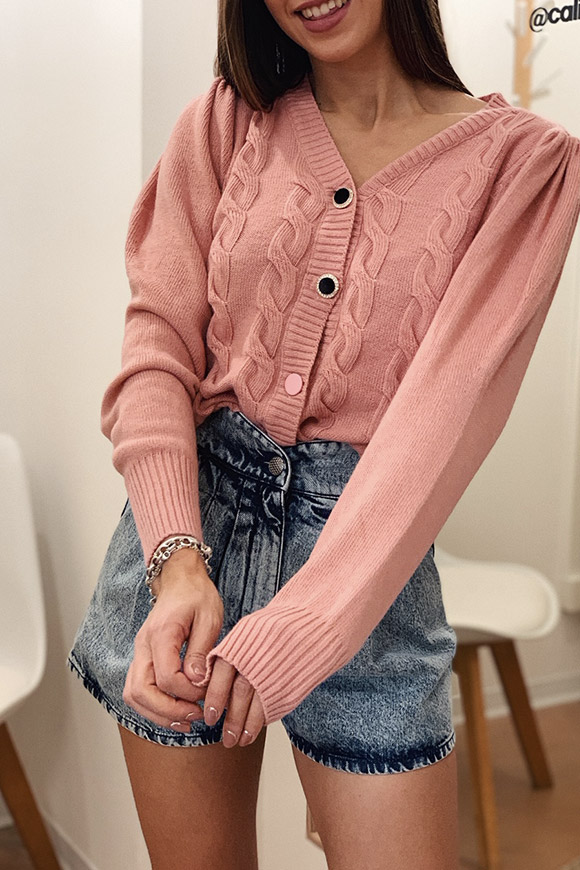 Vicolo - Maglione cardigan rosa con bottoni gioiello