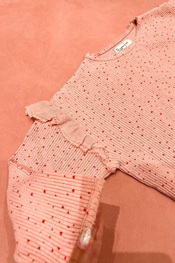 Piupiuchick - Maglietta rosa con stelle arancio a costine manica lunga