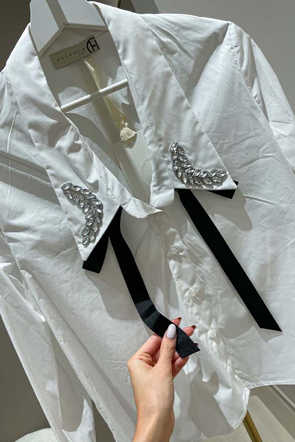 Haveone - Camicia bianca con strass e fiocco in popeline