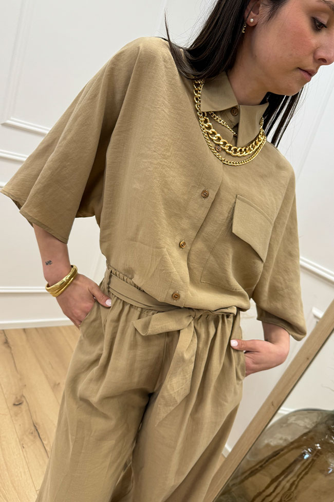 Haveone - Camicia kimono cammello con tasca