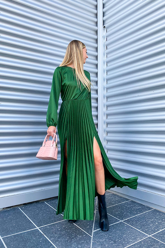 Tensione In - Bottle green dress with pleated skirt and side slits