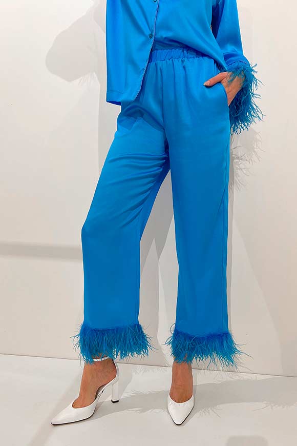 Vicolo - Turquoise pajama-style trousers with feathers on the bottom
