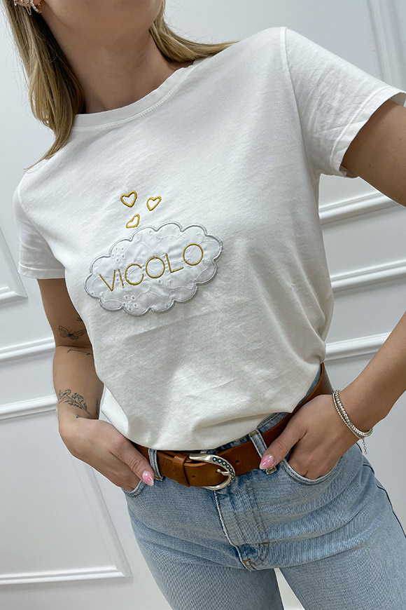 Vicolo - T shirt con nuvola in sangallo e logo