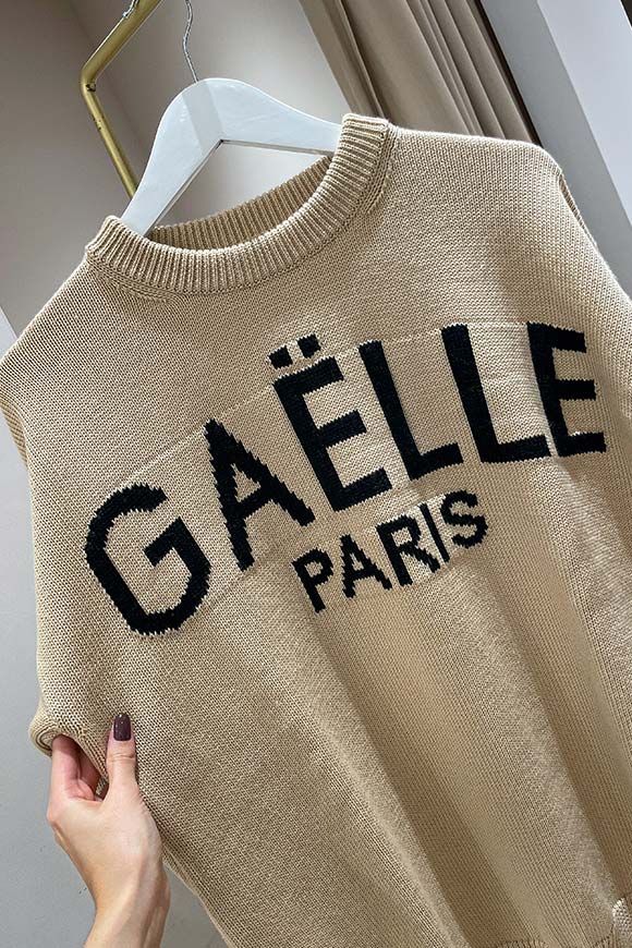 Gaelle - Maglione jacquard beige logo nero in lana