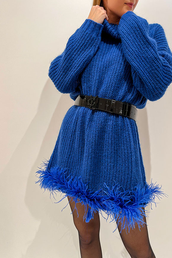 Vicolo - Royal blue mohair dress with feathers on the bottom