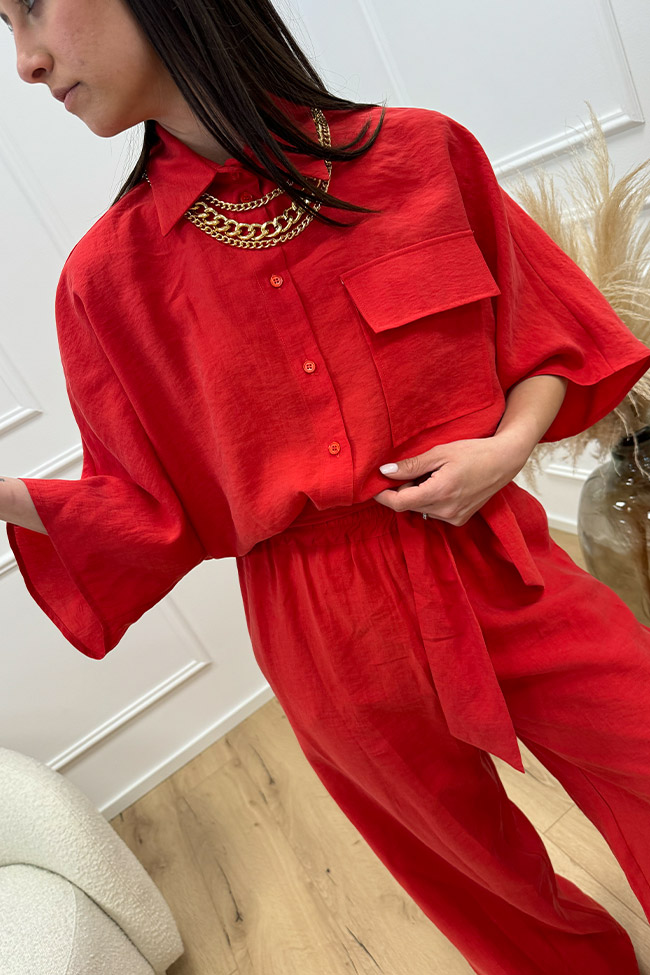 Haveone - Camicia kimono rossa con tasca
