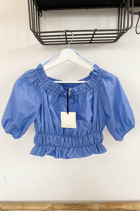 Vicolo - Periwinkle cotton top with curled bardot neckline