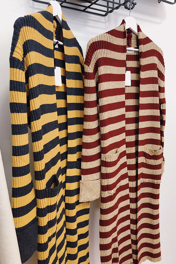 Vicolo - Long gray and yellow striped knit cardigan