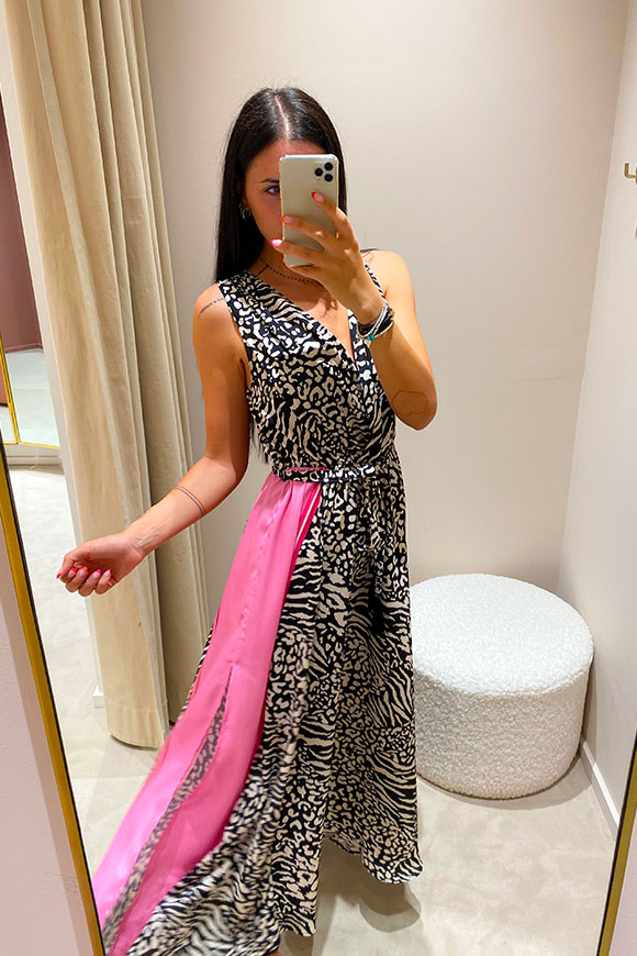 Vicolo - Black and white leopard dress with pink band