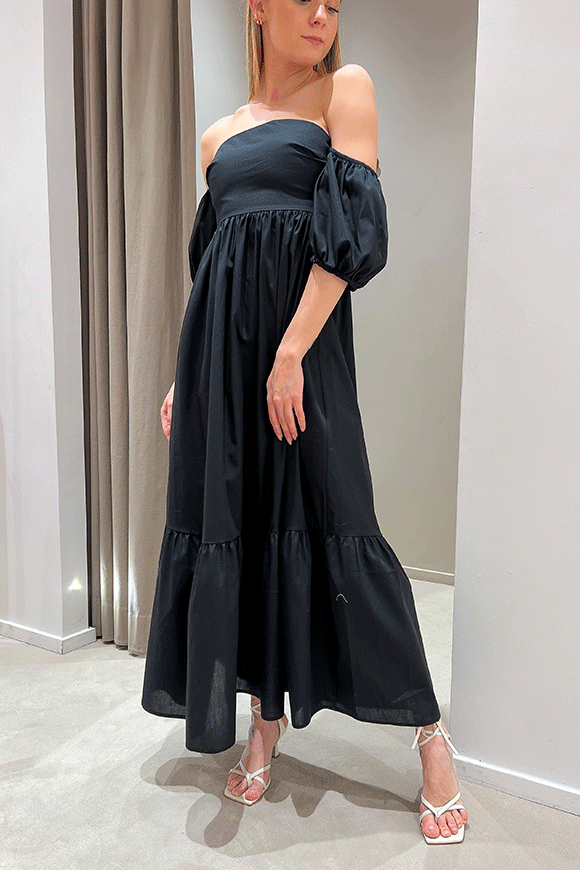 Vicolo - Vestito lungo nero in cotone manica sbuffo con balza