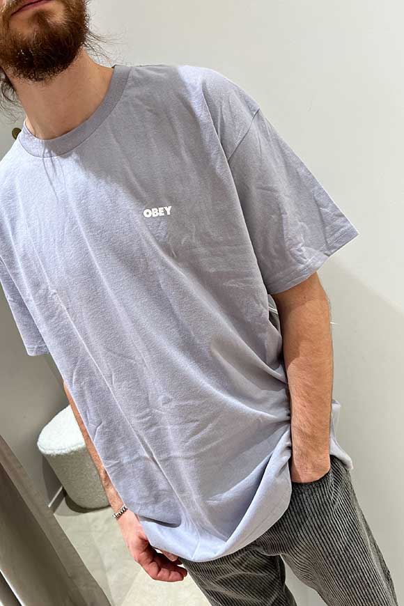 Obey - T shirt lilla con logo bianco fronte retro a contrasto