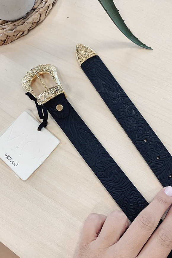 Vicolo - Cintura nera in rilievo con fibbia oro