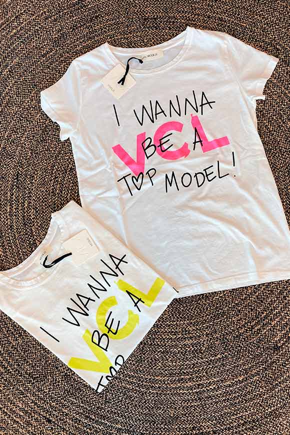 Vicolo - T shirt bianca stampa "I wanna be" logo lime