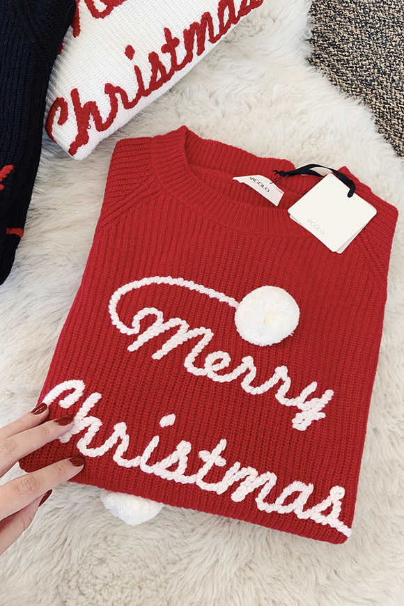 Vicolo - Red "Merry Christmas" sweater and pom poms