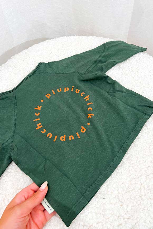 Piupiuchick - Maglietta baby manica lunga verde con stampa logo arancio