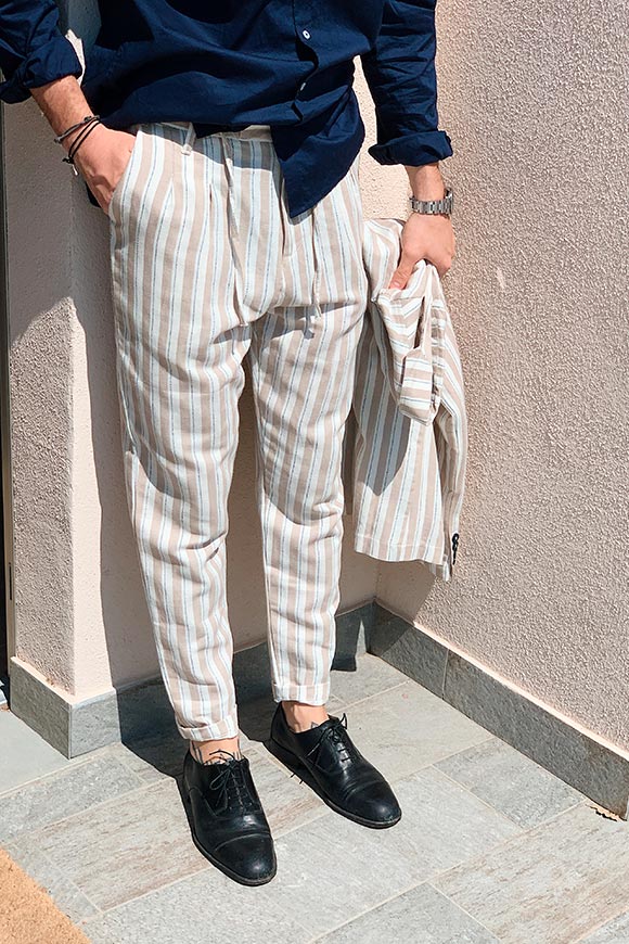 Gianni Lupo - Pantaloni Lino a righe beige e bianchi