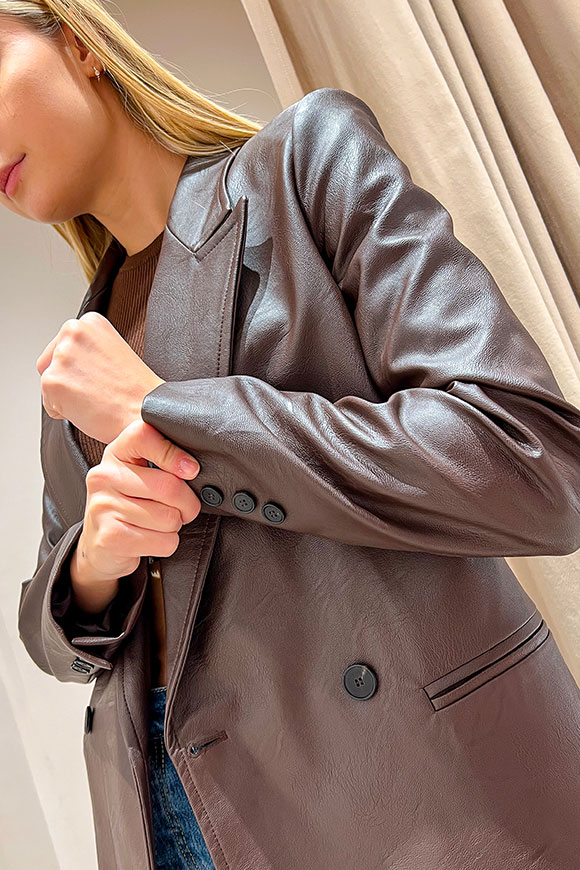 Vicolo - Double-breasted faux leather dark brown jacket