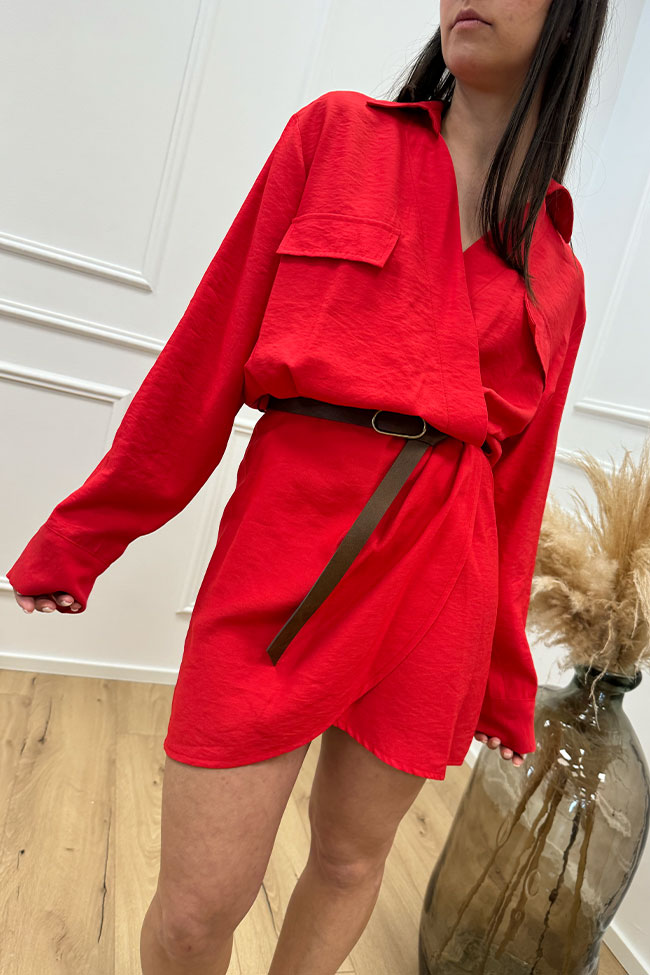 Haveone - Vestito rosso stile portafoglio con cintura