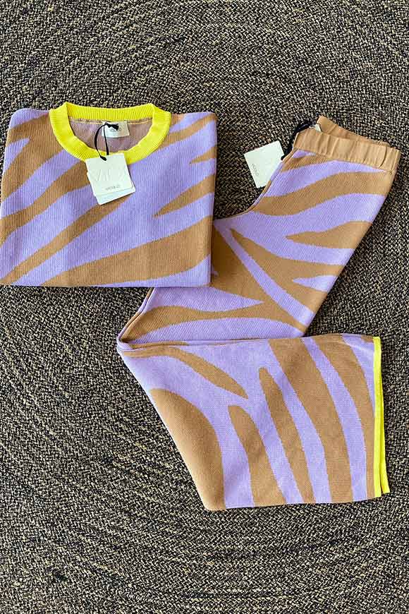 Vicolo - Pantaloni a palazzo stampa zebrata nocciola e lilla