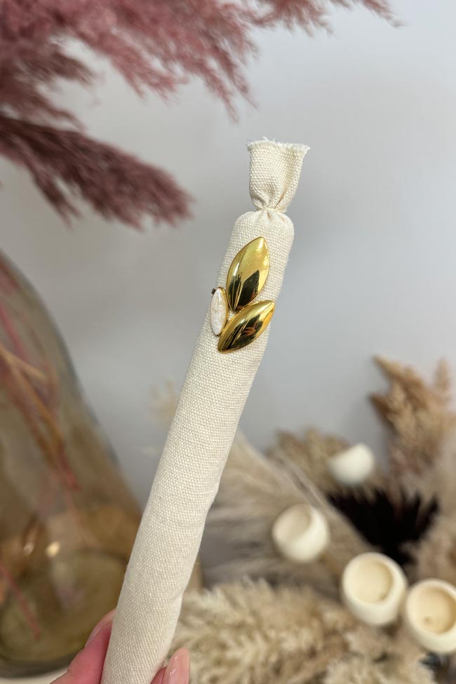 Calibro Shop - Anello foglie oro e pietra bianca