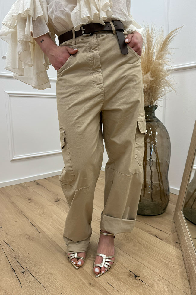 Tensione In - Pantaloni cargo sabbia in cotone con cinta