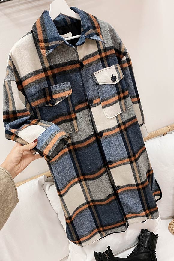 Vicolo - Long blue / gray / orange checked flannel shirt