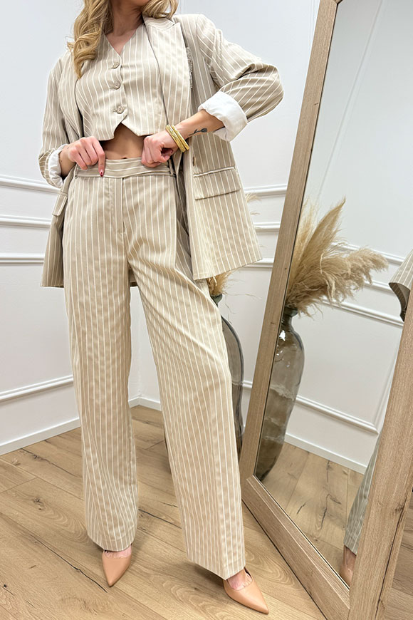 Haveone - Pantaloni beige gessati bianchi e filo lurex