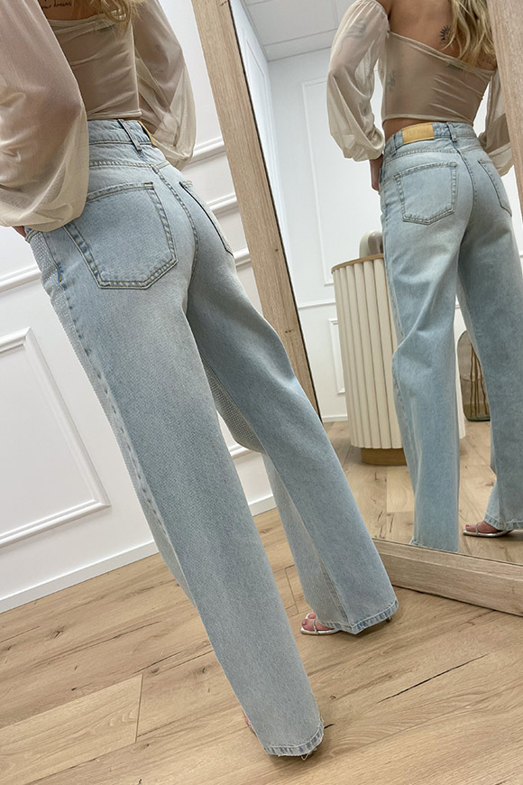 Haveone - Jeans denim chiaro a palazzo con strass