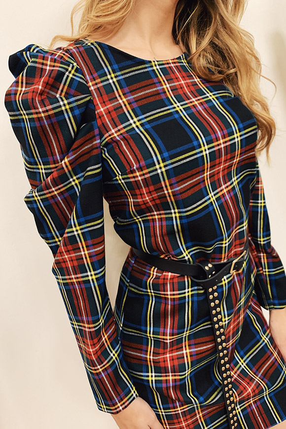 Vicolo - Blue tartan dress with gathered shoulders